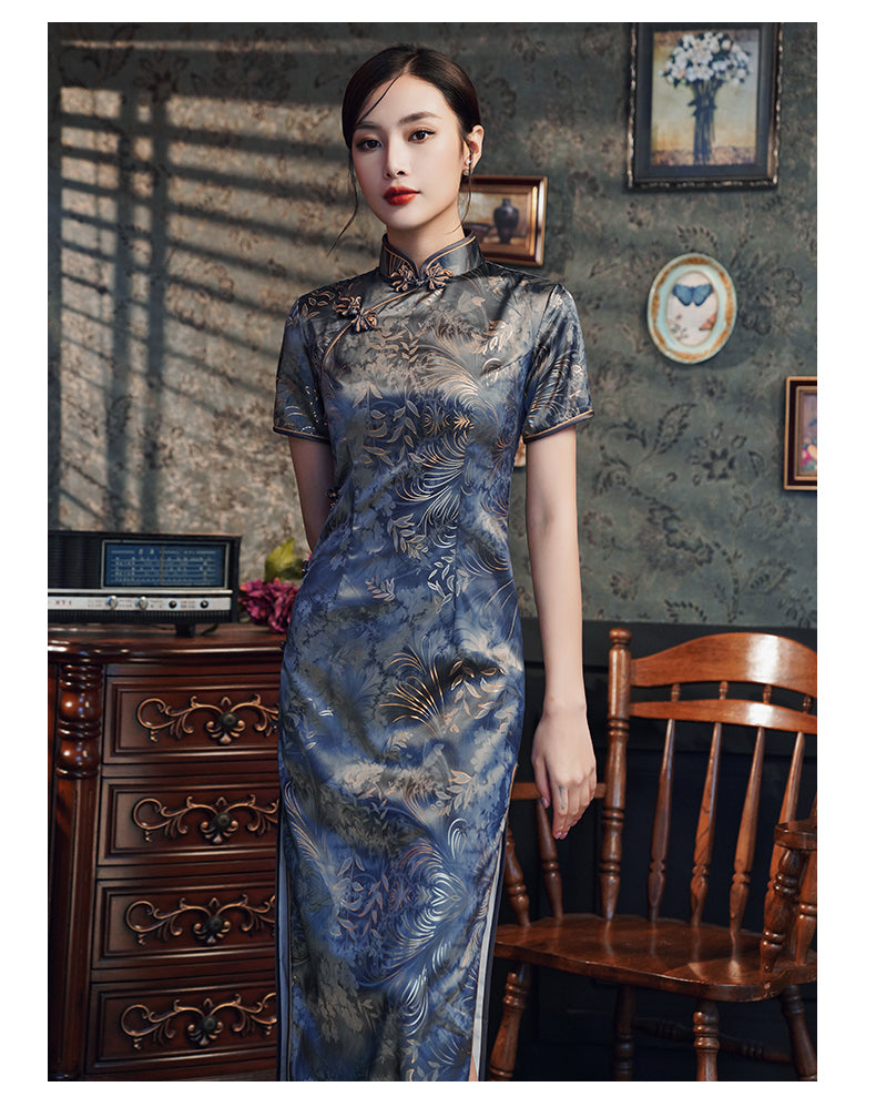 Traditional Blue Full Cheongsam Dress - Satin