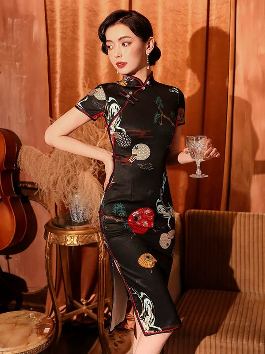 Black knee-length cheongsam dress. modern qipao. Custom dresses. Polyester and cotton blend