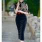 Traditional Chinese dress. Black velvet Cheongsam and shawl. Elegant evening dresses.