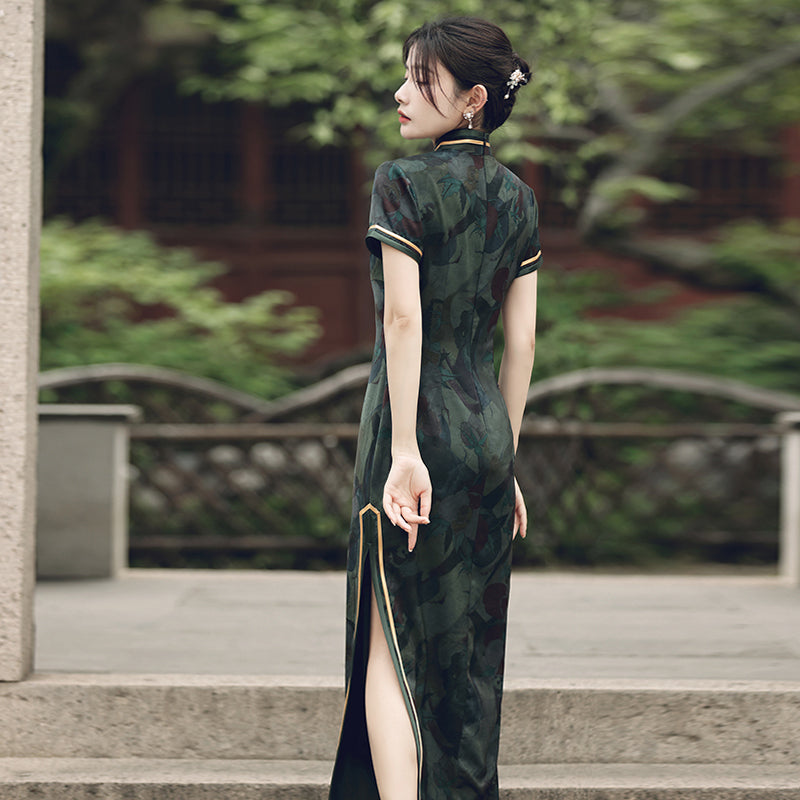 Traditional Green Full Cheongsam Dress - Satin | Silk