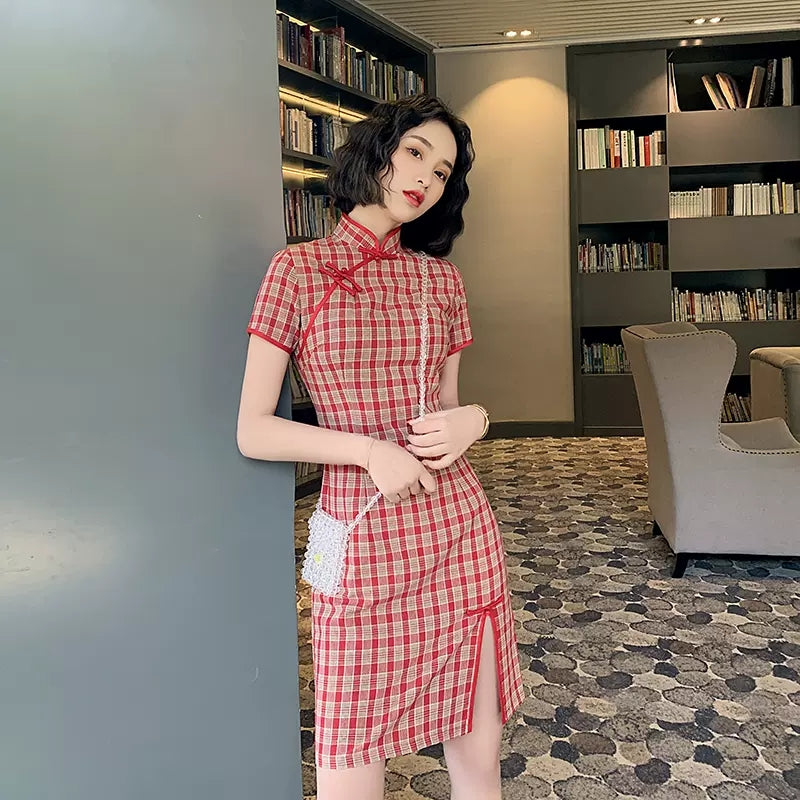 Cute Plaid Short Cheongsam - Cotton