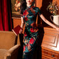 Traditional satin floral cheongsam. Green qipao. Custom dresses.