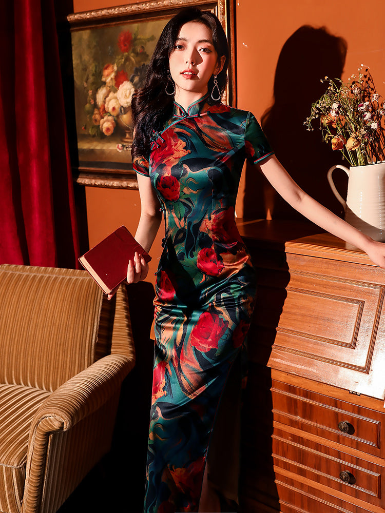 Traditional satin floral cheongsam. Green qipao. Custom dresses.