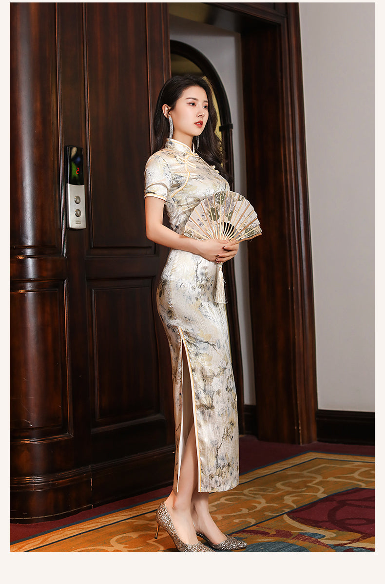 Champagne jacquard satin cheongsam. modern qipao. Silk polyester blend.