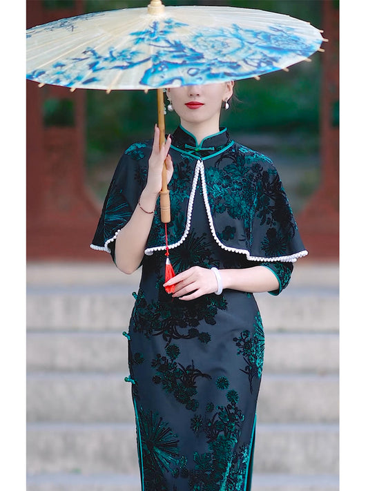 Green Velvet Cheongsam Dress | Traditional Chinese dress with shawl Velvet modern qipao evening dress|