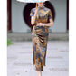 Traditional Chinese cheongsam dress. Ink painting satin cheongsam.