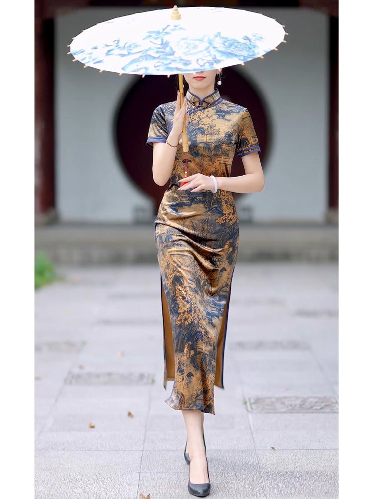 Traditional Chinese cheongsam dress. Ink painting satin cheongsam.