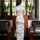 Traditional satin cheongsam. Blue full qipao. Silk and polyester textiles. Fully lined.