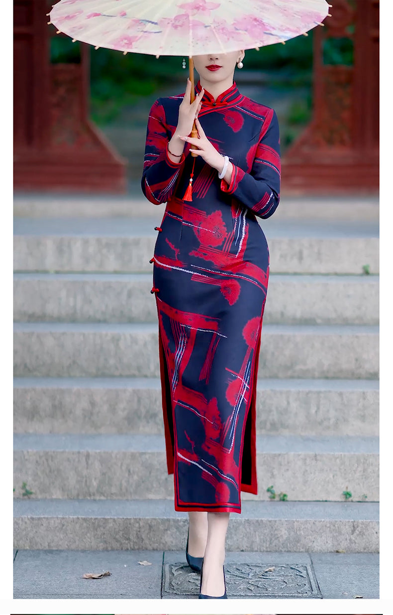 Traditional Chinese cheongsam dress. Autumn winter dress.