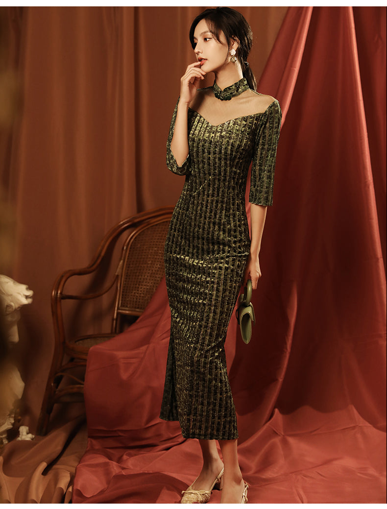 Elegant Green Full Cheongsam Evening Gown - Velvet