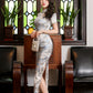 Traditional satin cheongsam. Blue full qipao. Silk and polyester textiles. Fully lined.