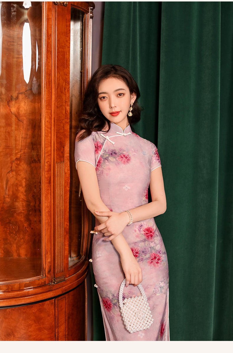 Pink summer cheongsam. Chinese dress. Bridesmaid dress. Polyester and cotton blend.