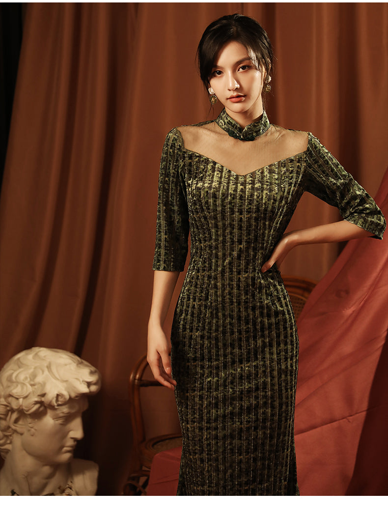 Elegant Green Full Cheongsam Evening Gown - Velvet