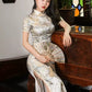 Champagne jacquard satin cheongsam. modern qipao. Silk polyester blend.