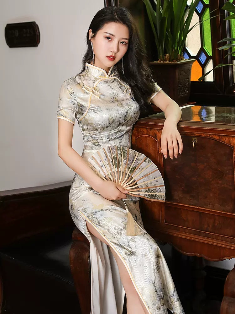 Champagne jacquard satin cheongsam. modern qipao. Silk polyester blend.