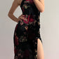 Sexy halter neck silk cheongsam. Off-the-shoulder Chinese dress.