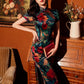 Traditional satin floral cheongsam. Green qipao. Custom dresses.