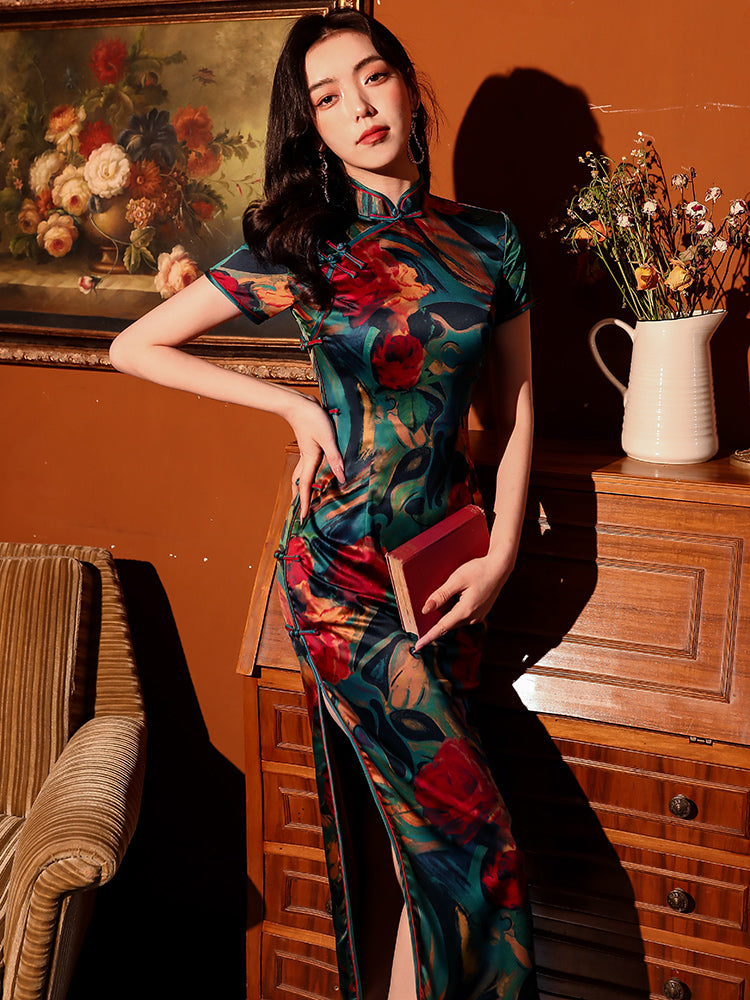 Traditional satin floral cheongsam. Green qipao. Custom dresses.