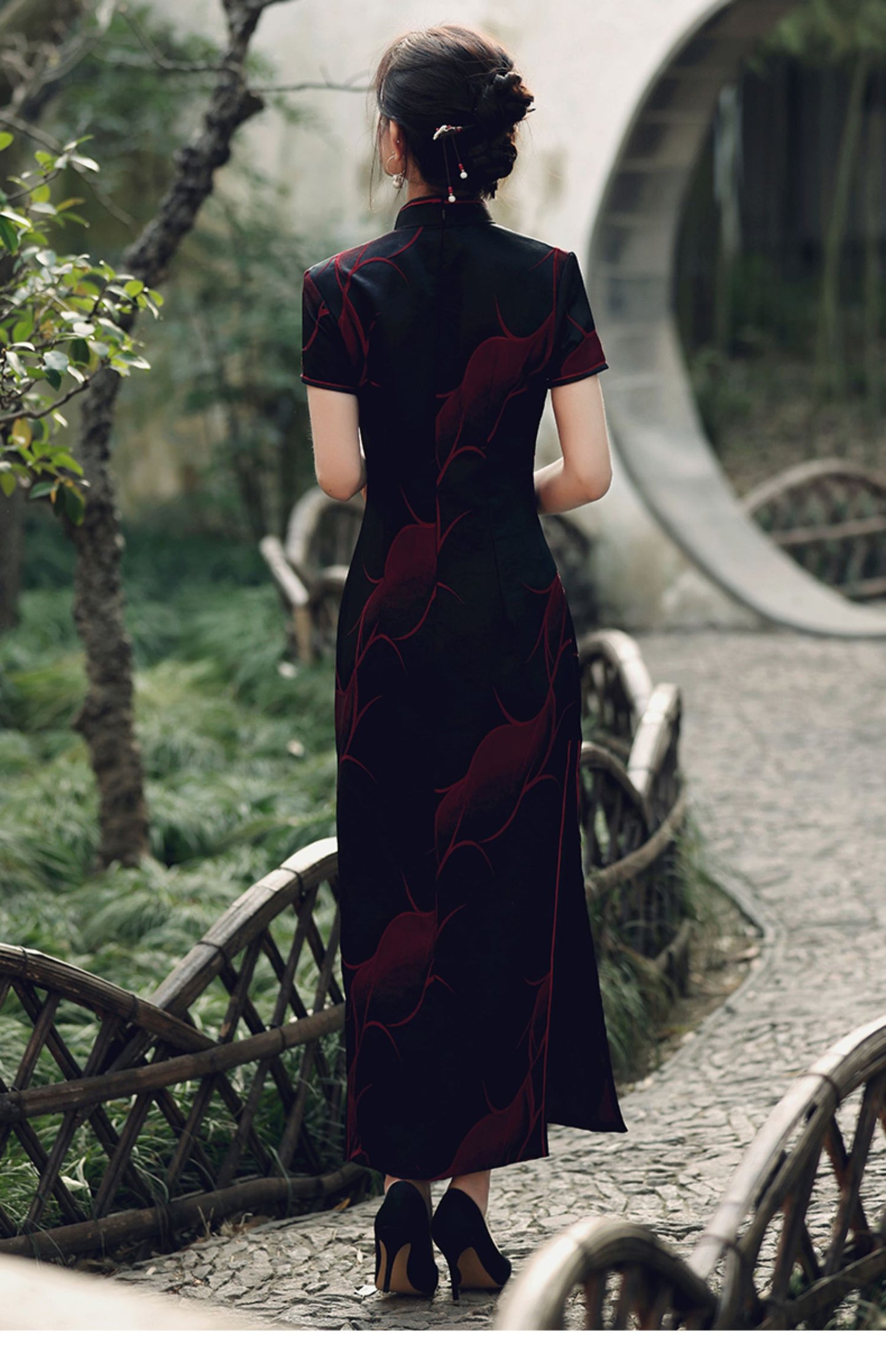 Traditional Black Full Cheongsam - Satin | Silk