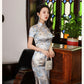 Traditional satin cheongsam. Blue full qipao. Silk and polyester textiles. Fully lined.