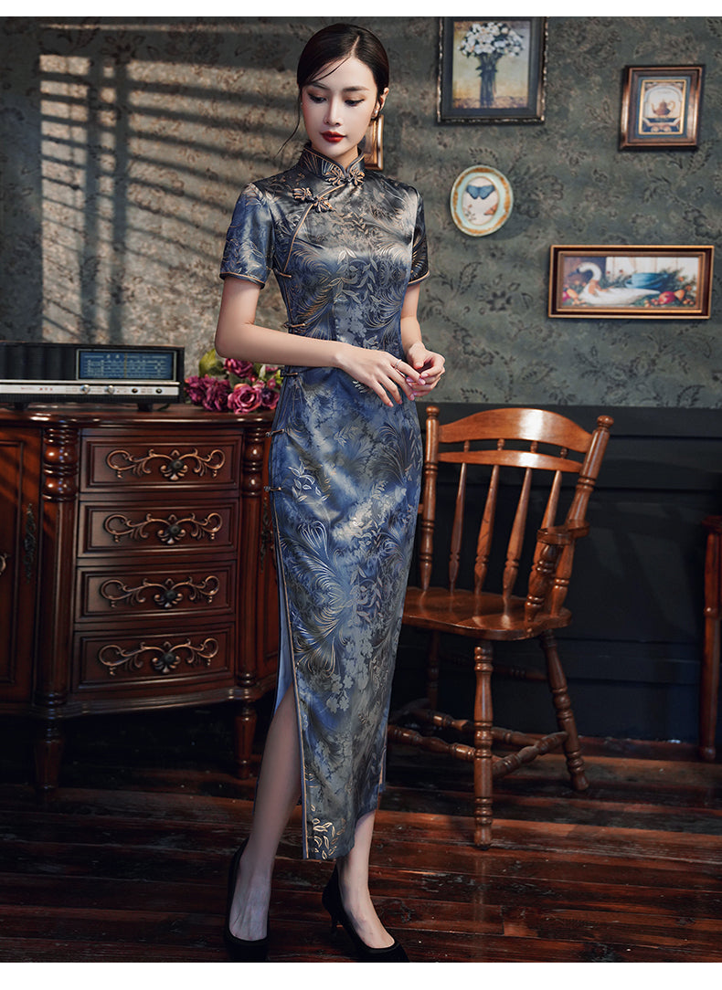 Traditional Blue Full Cheongsam Dress - Satin