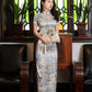 Traditional satin cheongsam. Blue full qipao. Silk and polyester textiles. Fully lined.