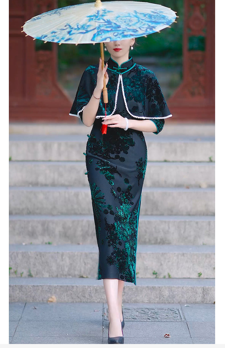 Green Velvet Cheongsam Dress | Traditional Chinese dress with shawl Velvet modern qipao evening dress|