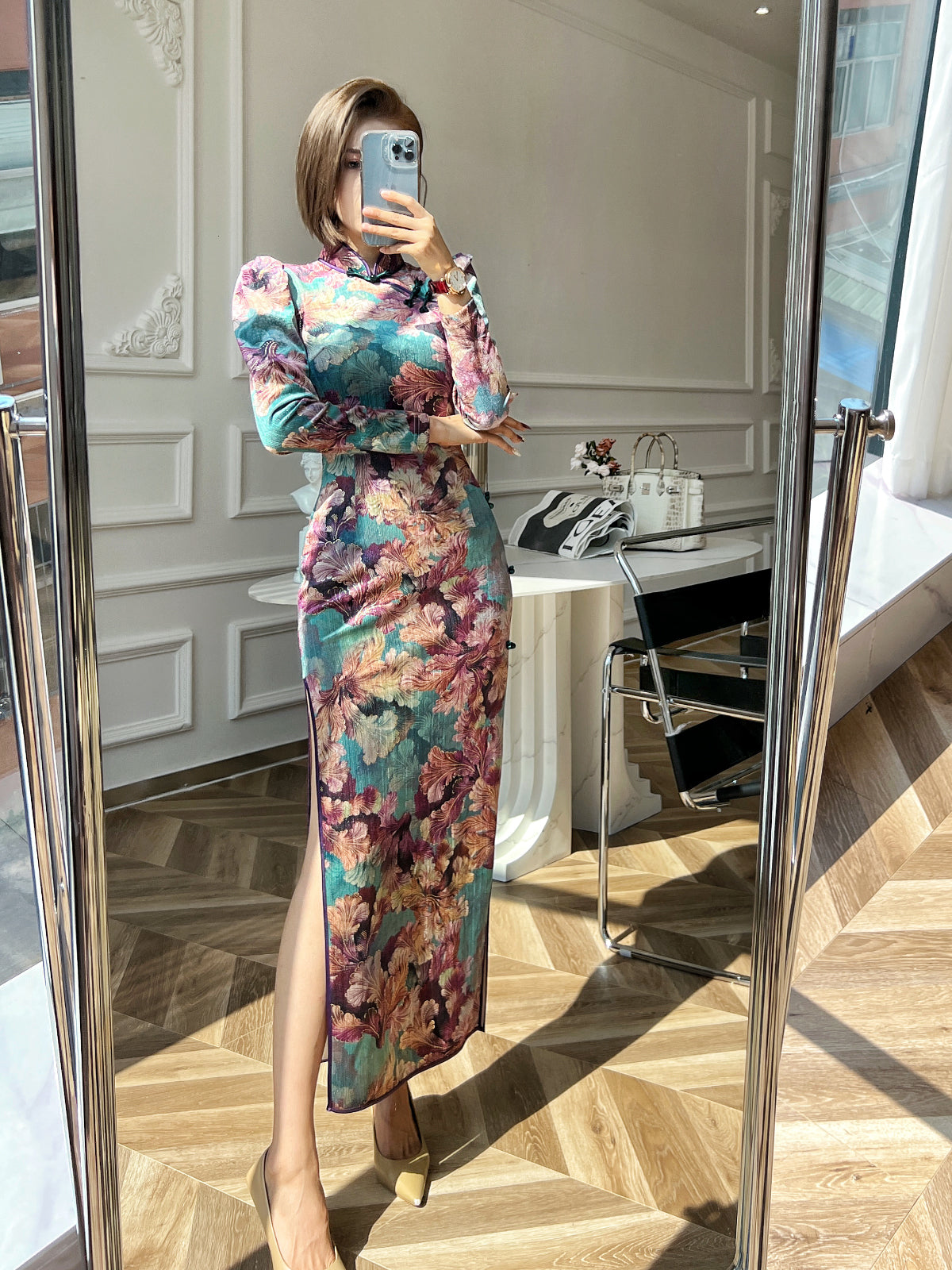 Handmade Modern Qipao .Jacquard floral cheongsam dress.EVEing dress