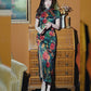 Traditional satin floral cheongsam. Green qipao. Custom dresses.